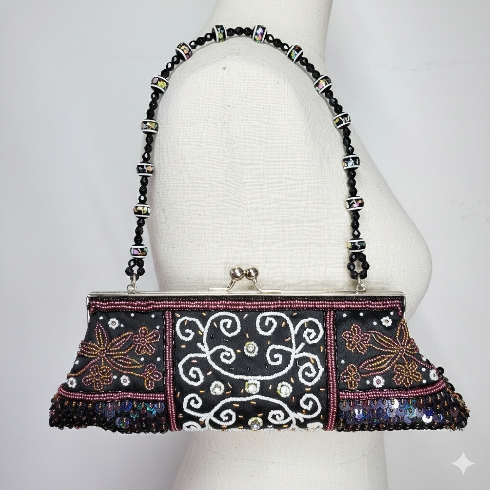 In's 11x4x2" Evening Bag Shoulder Strap Fully Beaded Black Multicolor Kiss Lock